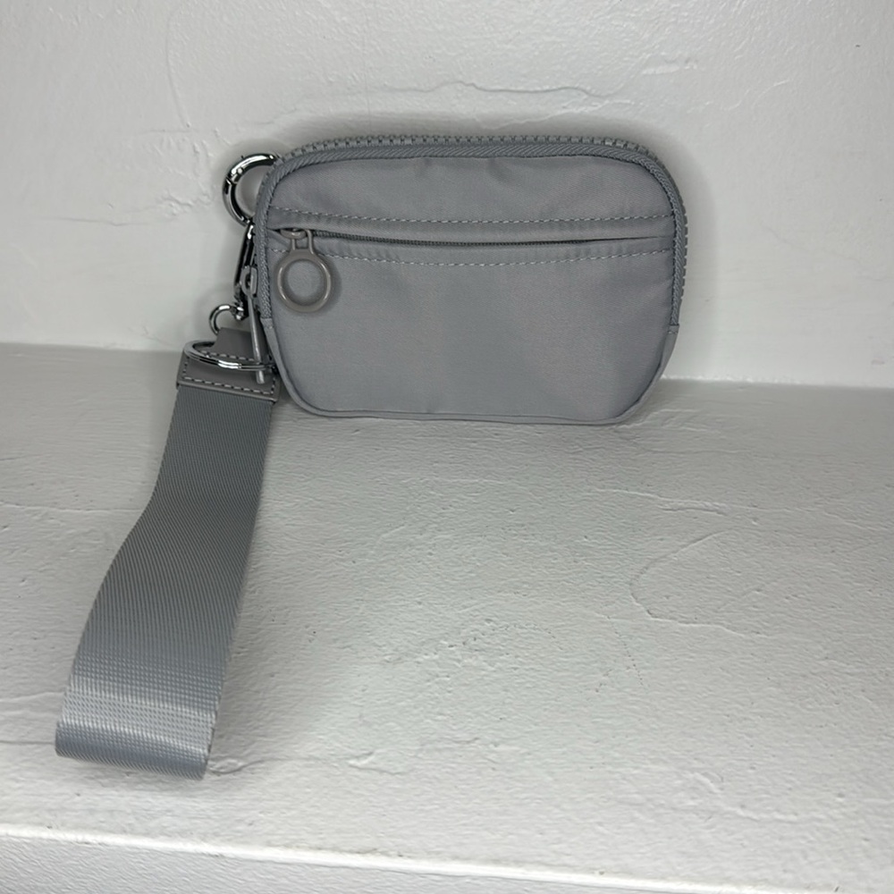 Grey nylon mini card wallet with strap and keyring